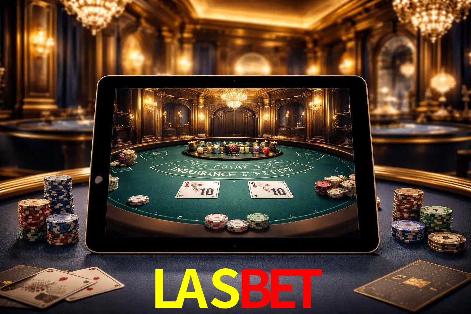 Configuración moderna de casino en vivo con una tableta mostrando una mesa de blackjack, luces cálidas de estudio y una atmósfera elegante de juegos digitales.