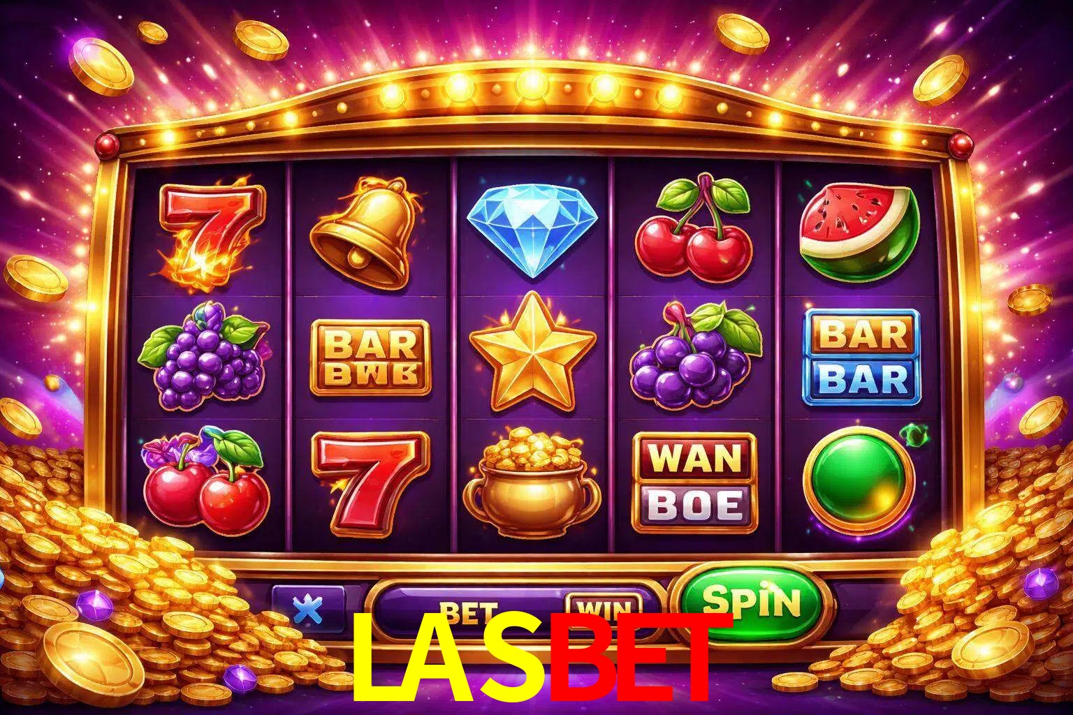 Una interfaz colorida de tragamonedas en línea con símbolos brillantes, monedas y un efecto de victoria celebratoria en LASBET.