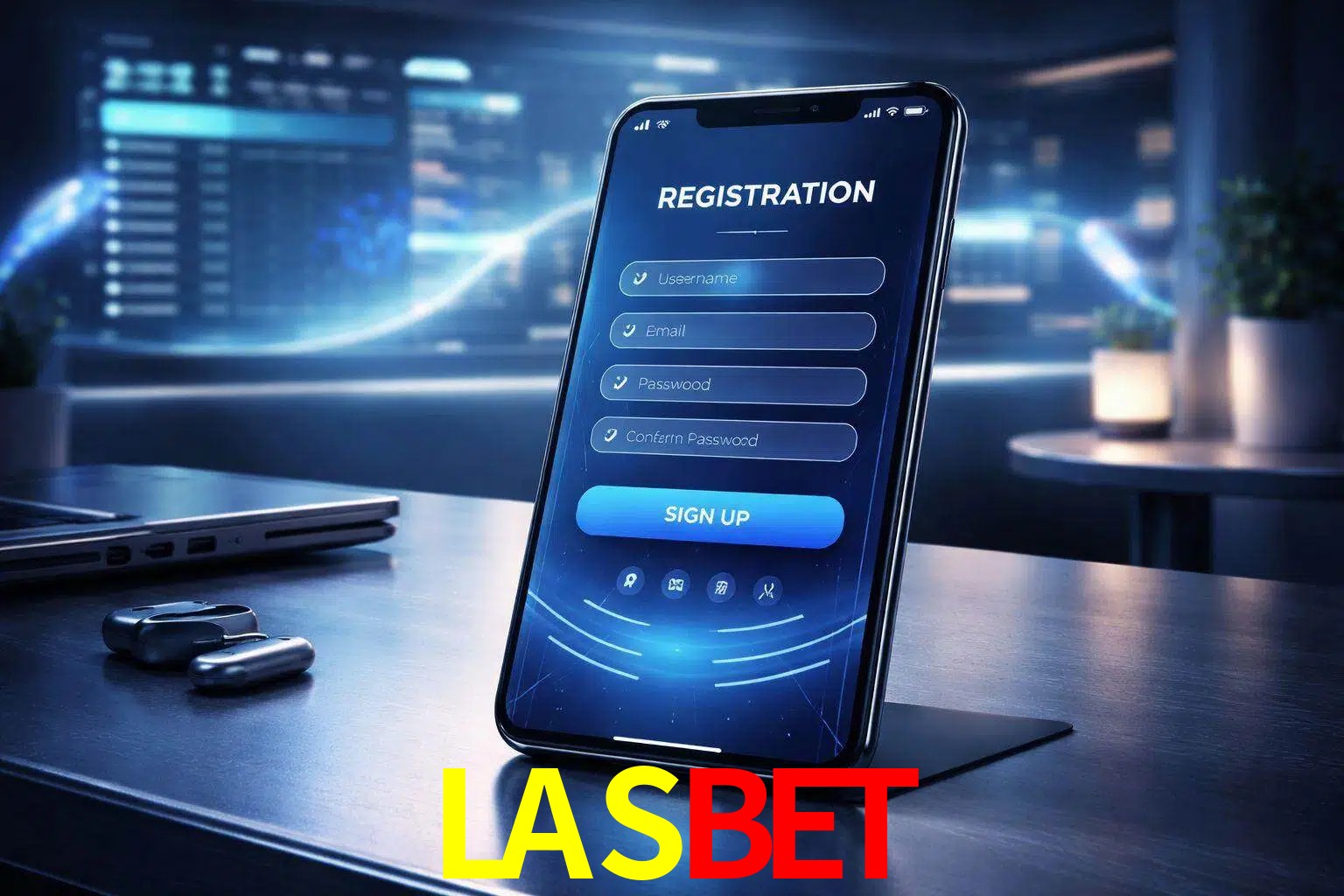 Una interfaz moderna de registro móvil para LASBET mostrada en un smartphone con un panel de apuestas elegante.